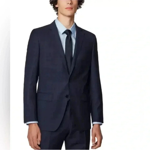 HUGO BOSS HUGE6/GENIUS5 SLIM FIT VIRGIN WOOL NAVY PLAIN CHECK SUIT JACKET ‎ 42R